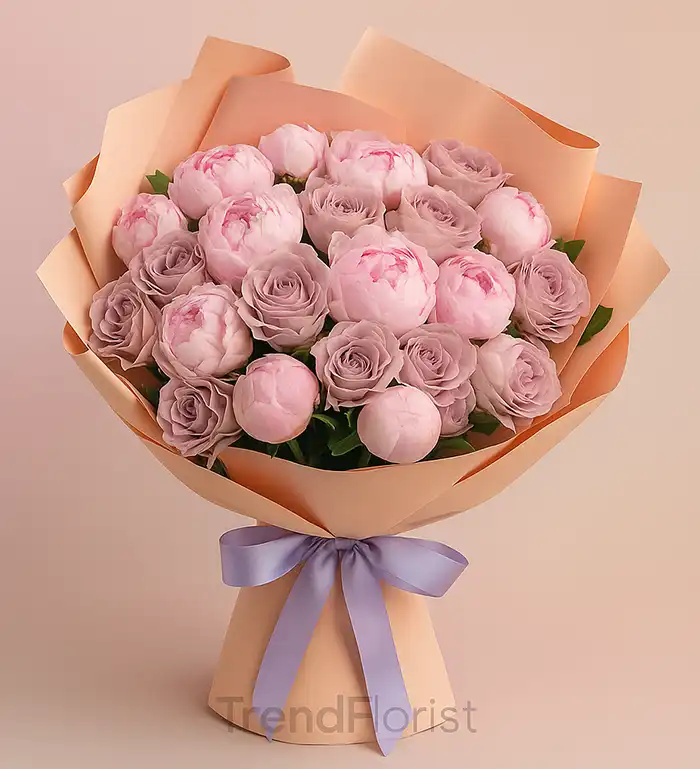 şakayık buketi, lila gül buketi, pastel çiçek tasarımı