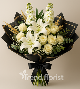 ataşehir çiçekçi, beyaz lilyum buketi, beyaz gül buketi,